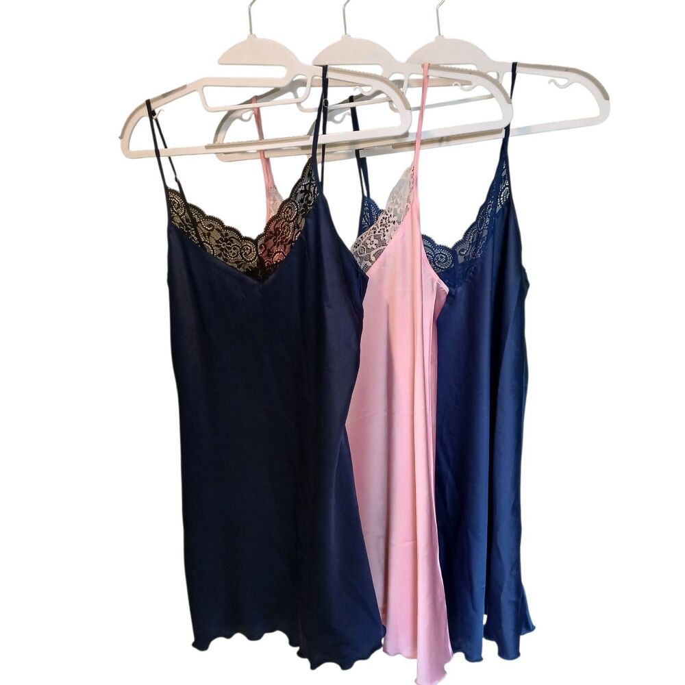 Lot Of 3 Ekouaer Slip Nightgowns Size Small Blue, Pink Lace Satin Adjustable NEW